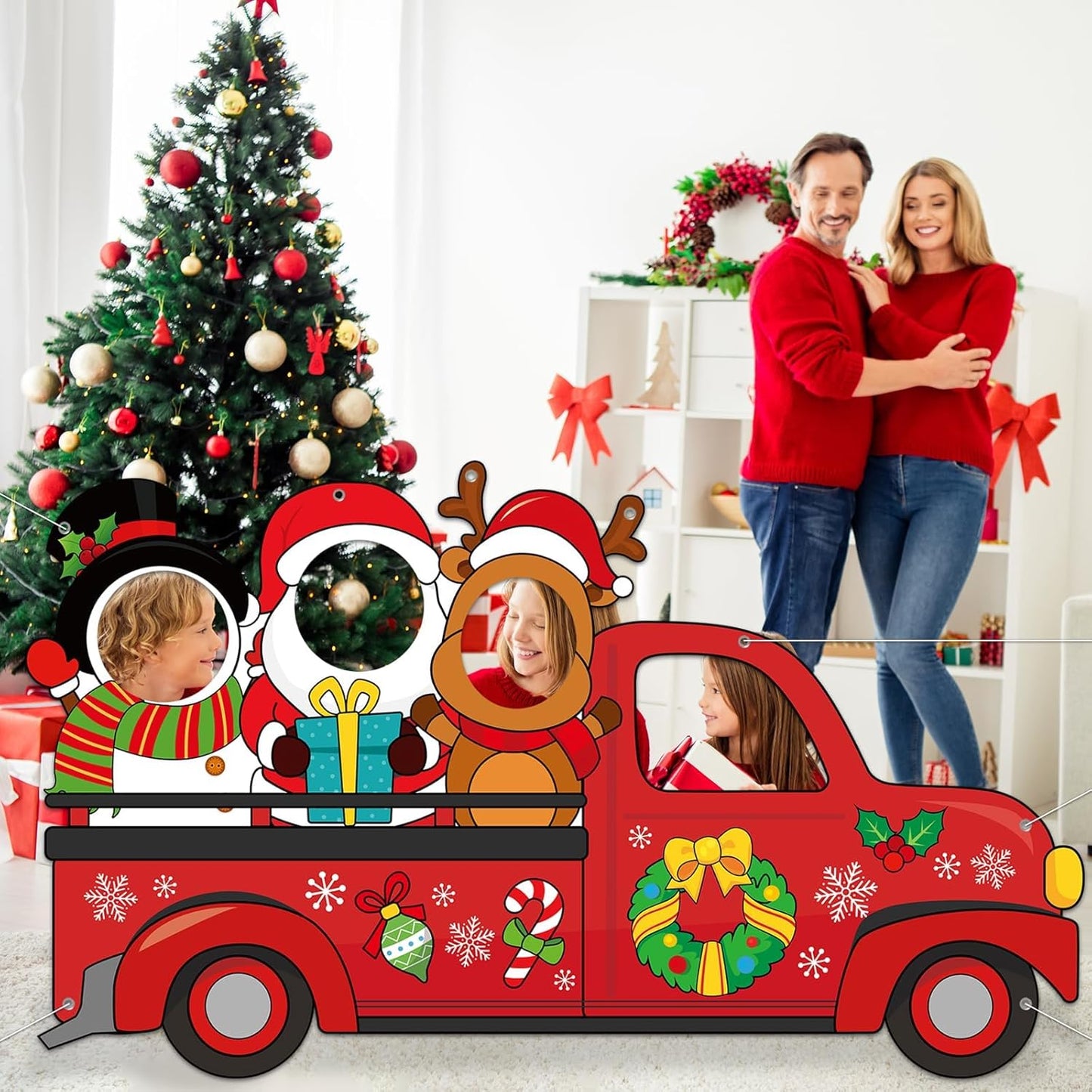 Large 75 Inch Christmas Red Truck Photo Prop Selfie Frame Christmas Party Decorations Large Fabric Red Truck Backdrop Reindeer Santa Claus Snowman Photo Booth Frame for Winter Xmas Holiday Party Decor