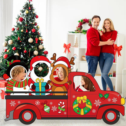Large 75 Inch Christmas Red Truck Photo Prop Selfie Frame Christmas Party Decorations Large Fabric Red Truck Backdrop Reindeer Santa Claus Snowman Photo Booth Frame for Winter Xmas Holiday Party Decor