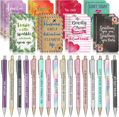 Funrous 32 Pcs Motivational Quote Pens Inspirational Notepads Mini Journal with Ballpoint Pen Small Notebooks Gift for Men Women Coworker Adult Party Favors Prize Teacher Student Office(Stylish)