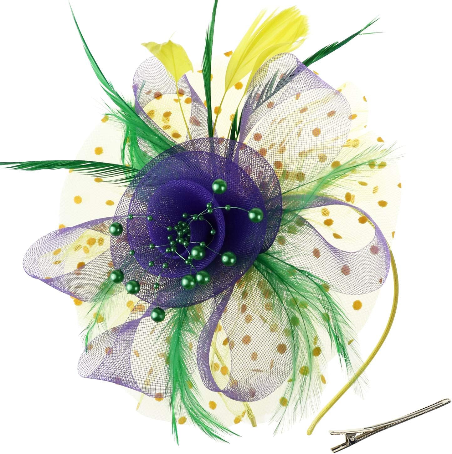 DRESHOW Fascinators Hat Flower Mesh Ribbons Feathers on a Headband and a Clip Tea Party Headwear for Girls and Women - Colors A