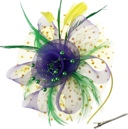 DRESHOW Fascinators Hat Flower Mesh Ribbons Feathers on a Headband and a Clip Tea Party Headwear for Girls and Women - Colors A