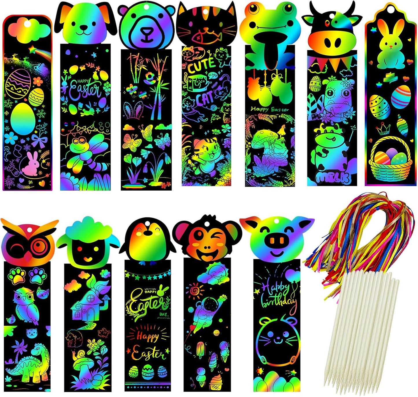 100 Sets Scratch Art Bookmark Making Kit, DIY Animal Bulk Bookmarks with 100PCS Ribbons and 100PCS Wood Stylus for Kids 4-14 Years Old Students Classroom Prizes Gifts & Party Favors, 13 Styles