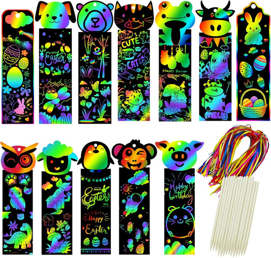 100 Sets Scratch Art Bookmark Making Kit, DIY Animal Bulk Bookmarks with 100PCS Ribbons and 100PCS Wood Stylus for Kids 4-14 Years Old Students Classroom Prizes Gifts & Party Favors, 13 Styles