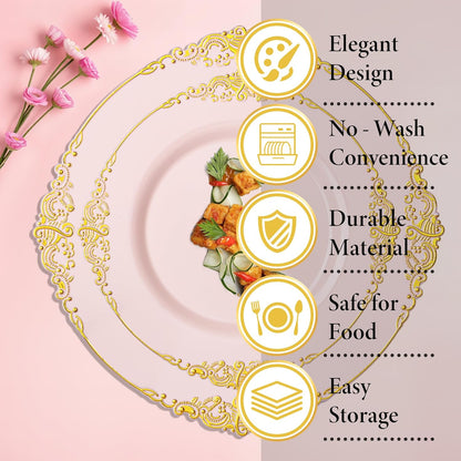 Nervure 350PCS Gold Plastic Plates - Gold Plastic Dinnerware Sets for 50 Guests - 100 Disposable Plates, 150 Silverware, 50 Cups, 50 Napkins for Wedding & Party & Mothers Day
