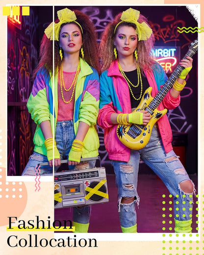 Blulu 80s Accessories Women Lace Headband Earrings Fishnet Gloves Necklace Bracelet for 80s Retro Party Halloween