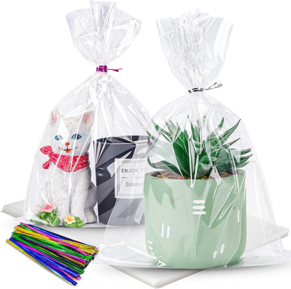 LOKQING Clear Cellophane Treat Bags 6 x 10 in, 100 Pack Mothers Day Gift Bags with Twist Ties, Bags for Cookies, Candy, Party Favors, Bakery Packaging and Small Gifts