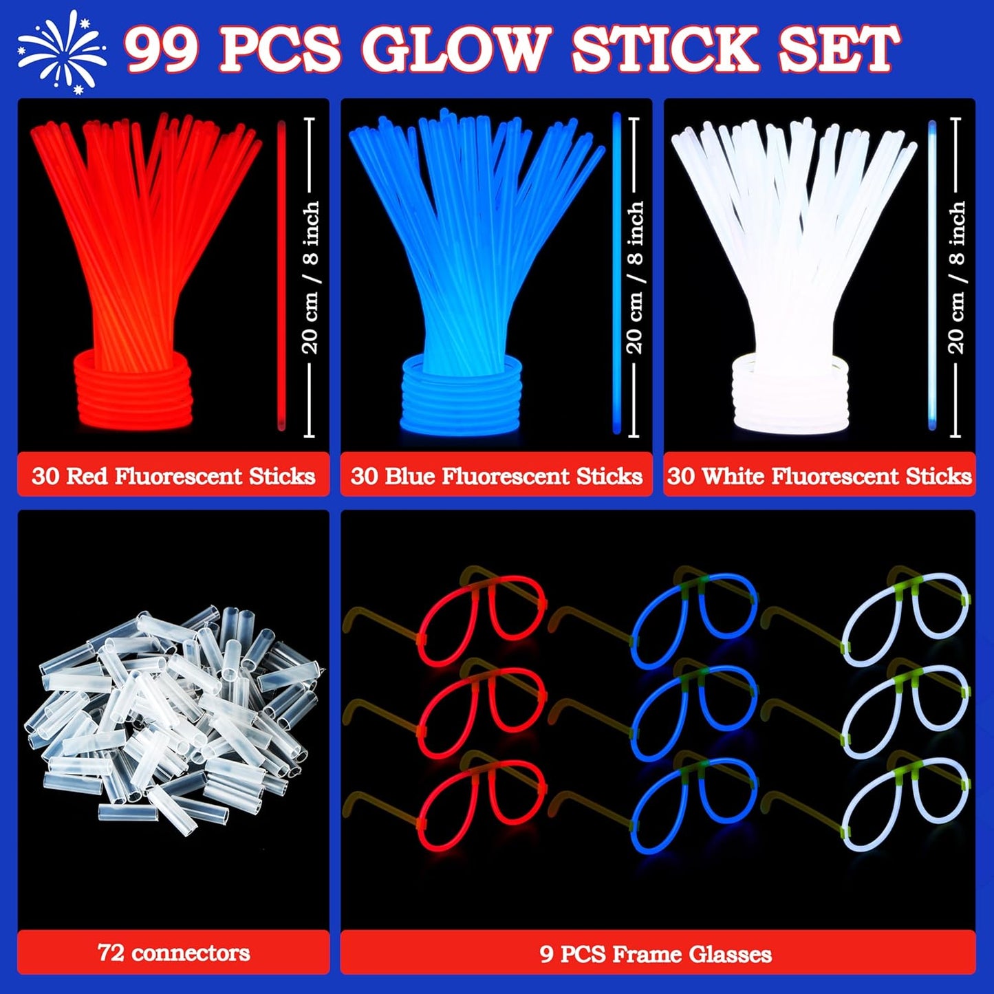 JOYIN 99 PCS 4th of July Patriotic Glow Sticks Glasses Bracelets, Kids Glow in the Dark Party Supplies, Red White and Blue Light Up Sticks LED Necklace Patriotic Accessories for Independence Day