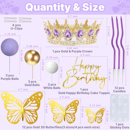 Crown Cake Topper, Balls Happy Birthday Cake Topper Pink Crown Birthday Candles Gold Butterflies, Corona Para Pastel, Cake Decorations for Birthday Wedding (Gold, Pink)
