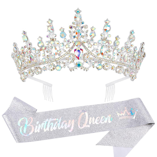 Velscrun Colourful Crystal Birthday Queen Tiara Crown for Women Girls Birthday Queen Headband Sash Elegant Princess Crown with Combs Hair Accessories Happy Birth Party Decorations Mom Birth Gift