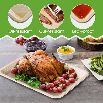 ECOLipak 100 Pack 14 Inch Disposable Food Crawfish Trays, Compostable Large Paper Plates, Disposable Thanksgiving Trays for Serving Food, Turkey, BBQ, Seafood Boil Party Supplies(White)