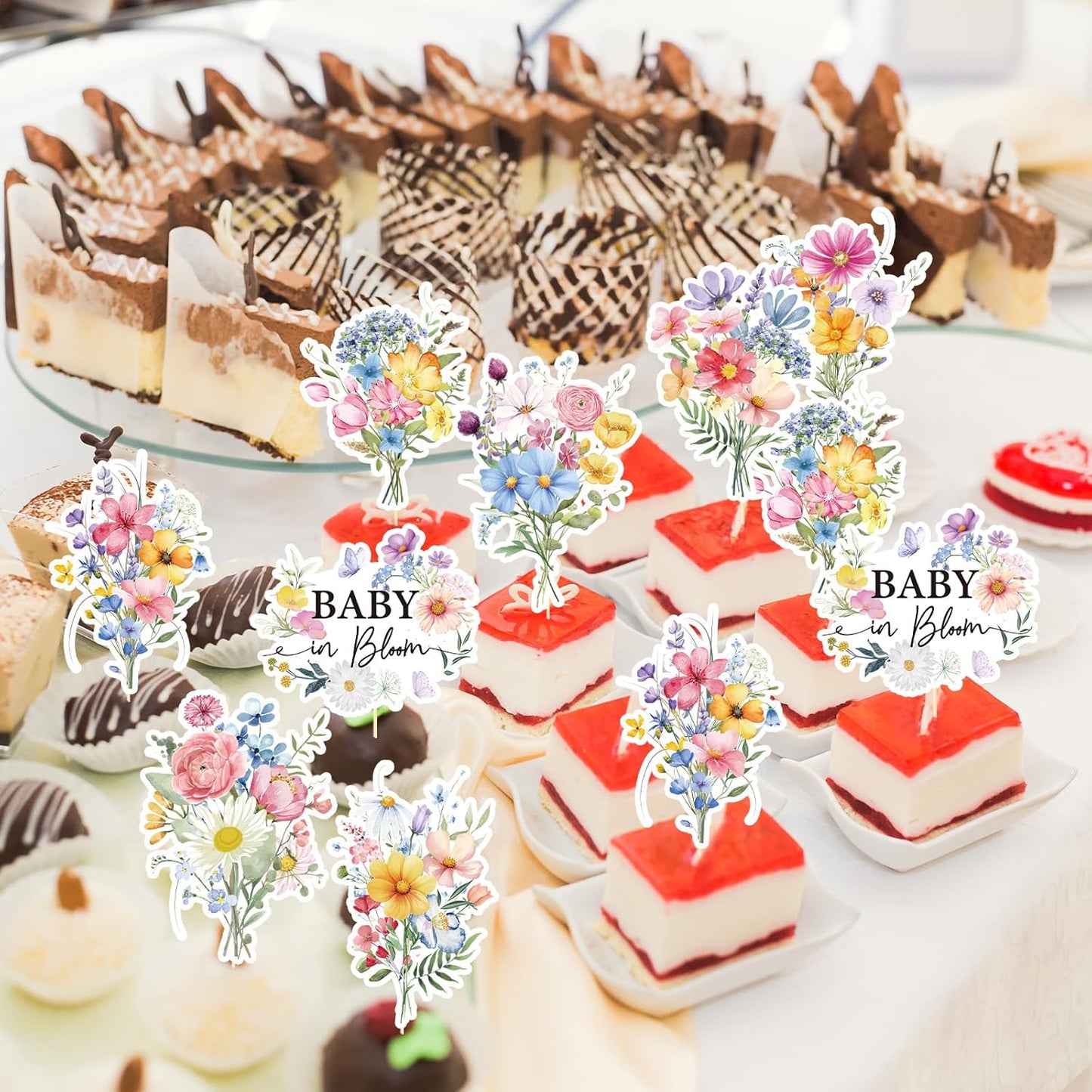 Rngmsi Flower Birthday Cupcake Toppers Decorations, 40PCS Wildflower Baby in Bloom Baby Shower Cake Decorations for Girls Women, Garden Floral Fairy Party Decor