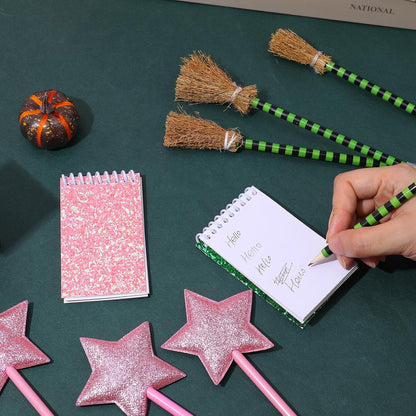 18Pcs Princess and Witch Party Favors with Star Ballpoint Star Pencil Witch Broom Ballpoints Broom Pencils Glitter Mini Spiral Notepads for Party Supplies Decorations