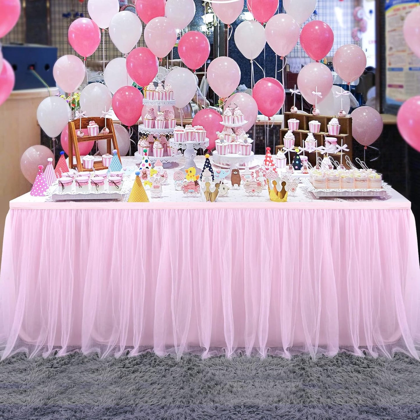 Suppromo 6ft Pink Tulle Table Skirt Baby Shower Tablecloth for Rectangle Tables or Round Tables Pink Ruffle Tutu Table Skirts Desk Skirt for Princess Girls Birthday Party Cake Dessert Decorations