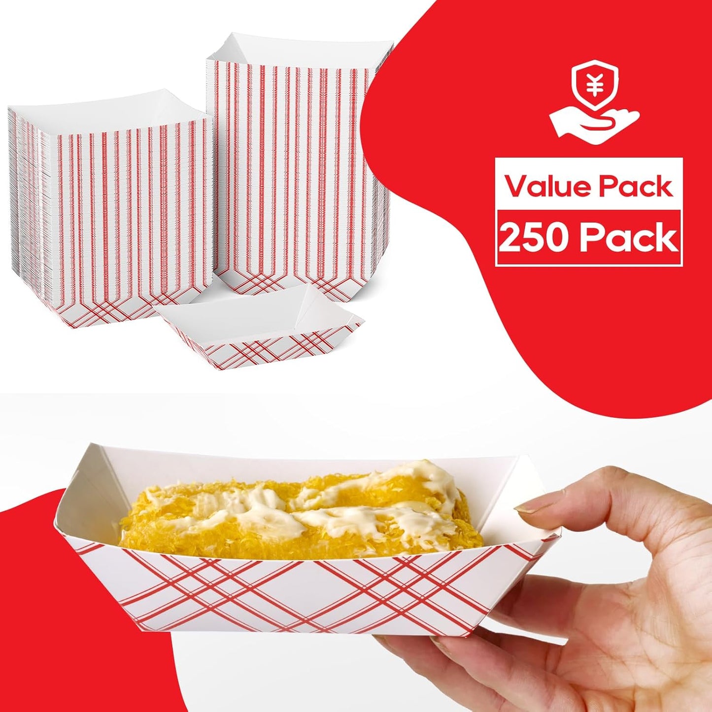 ECOLipak 100 Pack 3lb Paper Food Tray Red, Disposable Paper Boats, Food Holder Trays, Serving Boats for Taco Nacho Hot Dog Snack Fries Dessert Popcorn Sauce