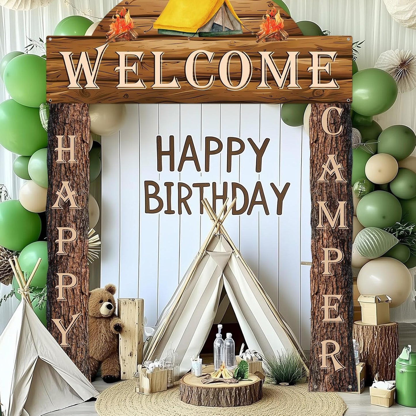 Peryiter 3 Pcs Camping Themed Party Decorations Banner Welcome Porch Sign with 1 Double Sided Tape for Summer Camp Birthday Hawaii Baby Shower Themed Party Activity Decor door (Forest Style)