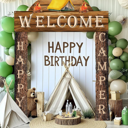 Peryiter 3 Pcs Camping Themed Party Decorations Banner Welcome Porch Sign with 1 Double Sided Tape for Summer Camp Birthday Hawaii Baby Shower Themed Party Activity Decor door (Forest Style)