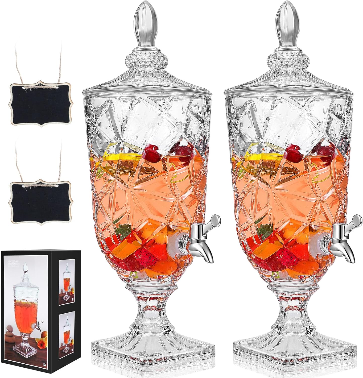 Zhehao 2 Pcs Drink Dispensers for Parties 1.3 Gallon Glass Beverage Dispenser Clear Vintage Crystal Iced Beverage Dispenser with Spigot and 2 Wooden Chalkboard Wide Mouth Beverage Server for Bar Home