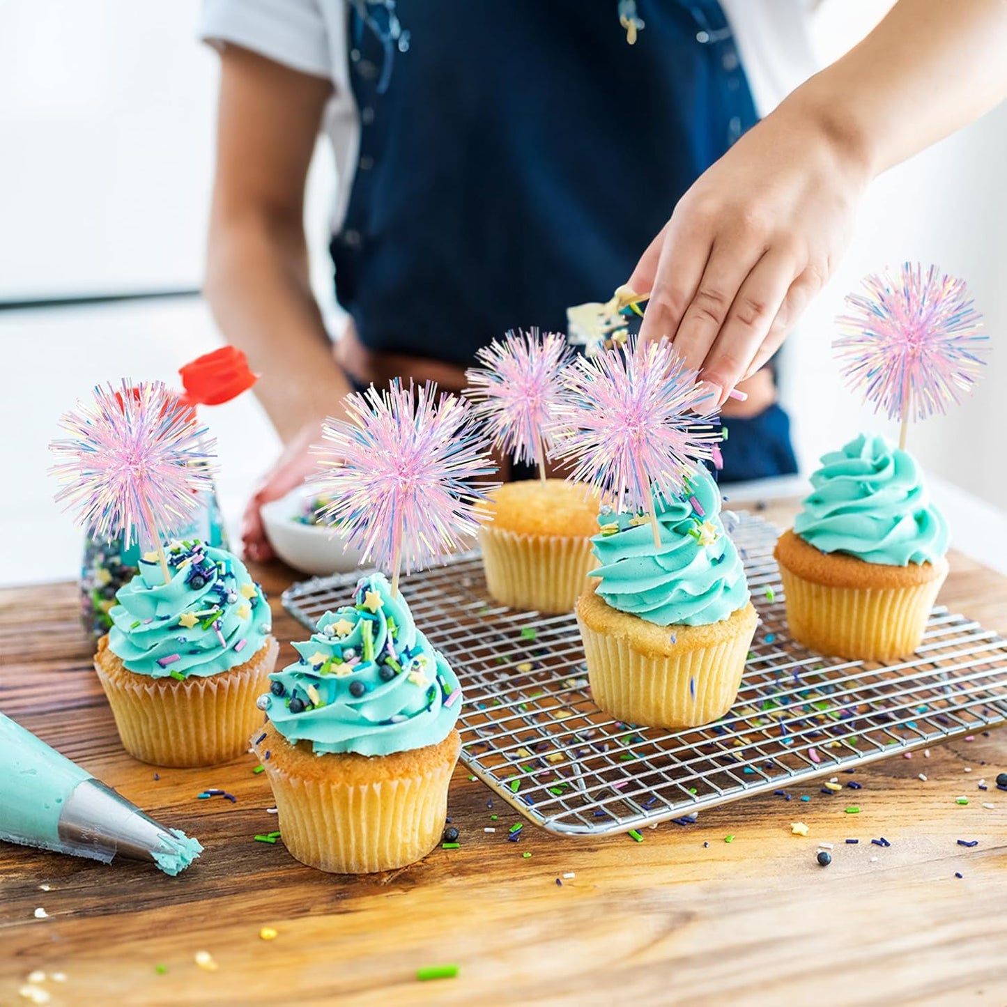 Ephlyn 30Pcs Foil Firework Cupcake Toppers Sparkle Tinsel Cupcake Picks Drink Stirrers Cocktail Food Fruit Toothpicks for Baby Shower Graduation Party Supplies White