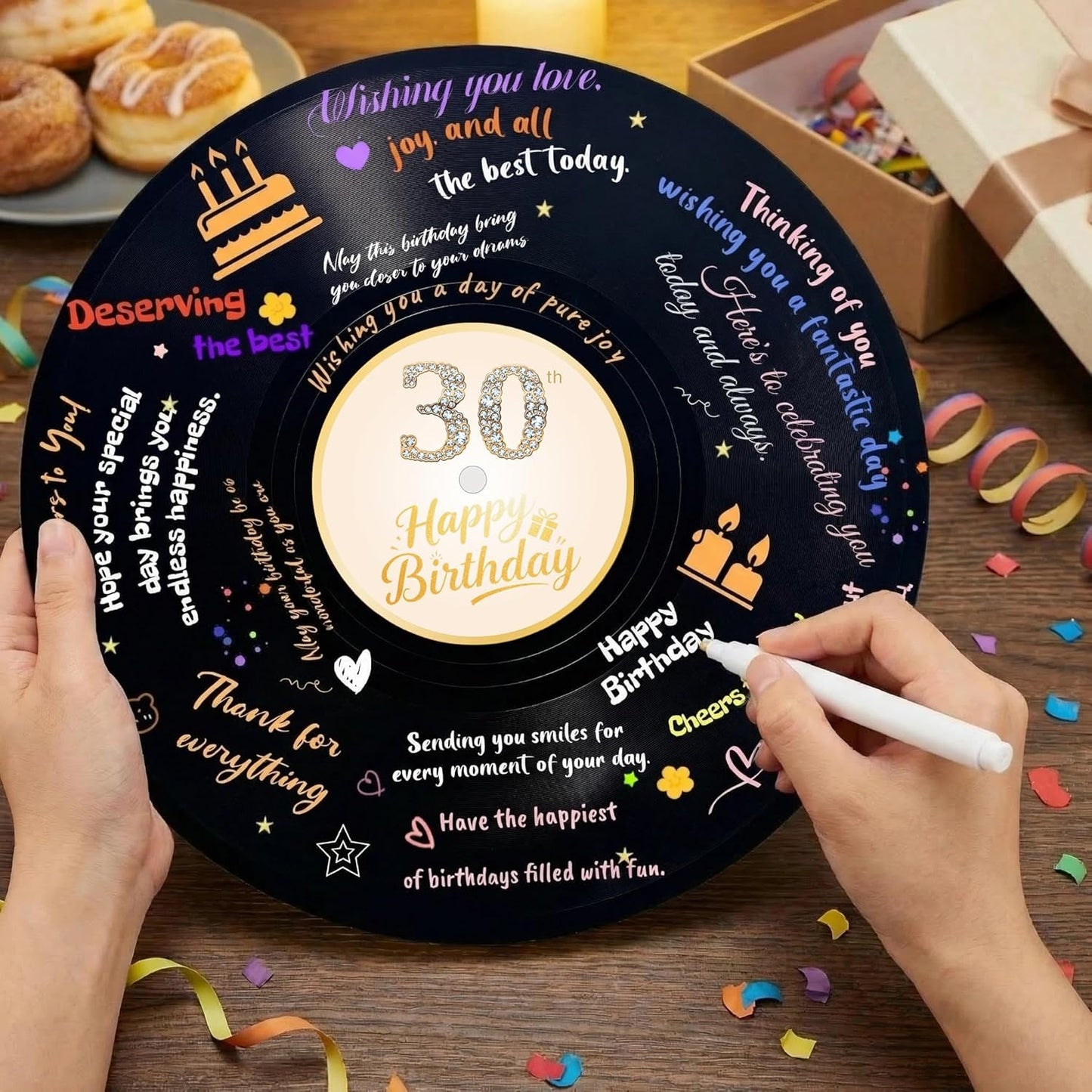 REEGII Vinyl Record Style Birthday Guest Book for Birthday Decorations - Large 11.6"x11.6" Sign-In Poster with 12 Pens | Unique Keepsake Gift for Birthday Party Decor (Happy Birthday, Golden, 11.6"L x 11.6"W)