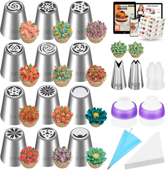 Kootek 90Pcs Russian Piping Tips Set, Piping Bags and Tips Set with 25 Russian Tips, 23 Icing Tips, 1 Ball Tip, 30+1 Pastry Bags, 3 Couplers, 4 Bag Ties for Cake Decorating, Cupcake, Cookie, Baking