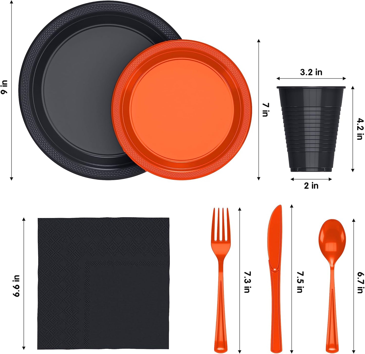 350 Pcs Black Plastic Plates For Party, Black Disposable Plates Set, 50 Of Each 9" Dinner Plate Set, 7" Dessert Plate, Cups, Napkins & Cutlery Plastic Dinnerware Set Exquisite