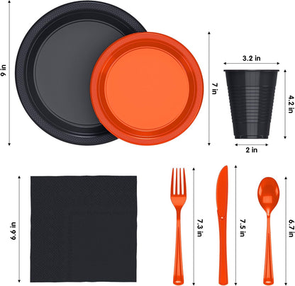350 Pcs Black Plastic Plates For Party, Black Disposable Plates Set, 50 Of Each 9" Dinner Plate Set, 7" Dessert Plate, Cups, Napkins & Cutlery Plastic Dinnerware Set Exquisite