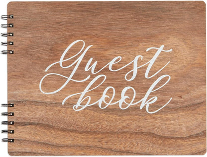 Paper Junkie Rustic Wooden Guest Book for Party - 112 Pages, 11.25 x 8.75 in Brown Wood Cover - Wedding & Baby Shower Guest Book Sign in
