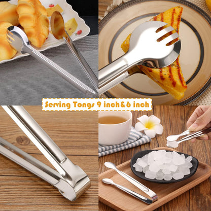 11 PCS Serving Utensils, Large Stainless Steel Spoons Forks Tongs, Pie Server, Great for Hostess Buffet Catering Banquet Party, Silver