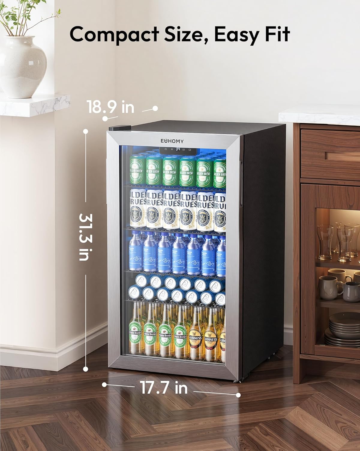 EUHOMY 4.5 Cu.ft Beverage Refrigerator and Cooler, 145 Can Mini fridge with Glass Door for Soda Beer Wine, Small Drink Dispenser with Digital Adjustable Thermostat for Home Office Bar
