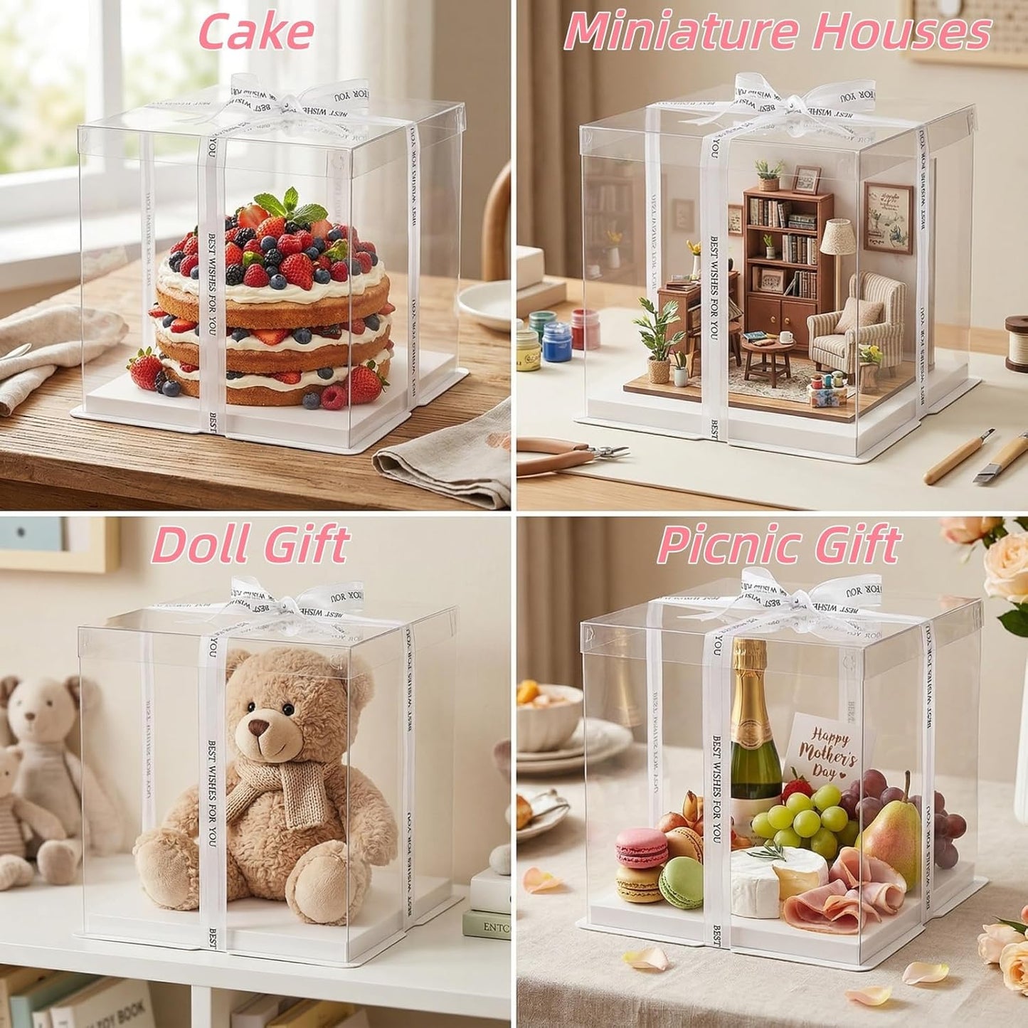 Cididu 6 Pcs Clear Cake Box with Ribbon 2-Layer 10x10x10 Inch, Transparent Cake Carrier Box with Lids, PET Tall Cake Packaging Boxes, Clear Gift Boxes for Mother's Day Birthday Wedding Festival Party