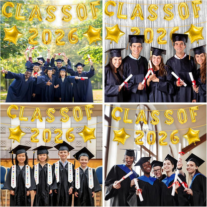 Graduation Balloons, Class of 2026 Balloons, 16Inch Gold Grad Class of 2026 Letters Foil Balloon Sign with Star Balloons, Class of 2026 Decorations for High School College Graduation Party Decorations