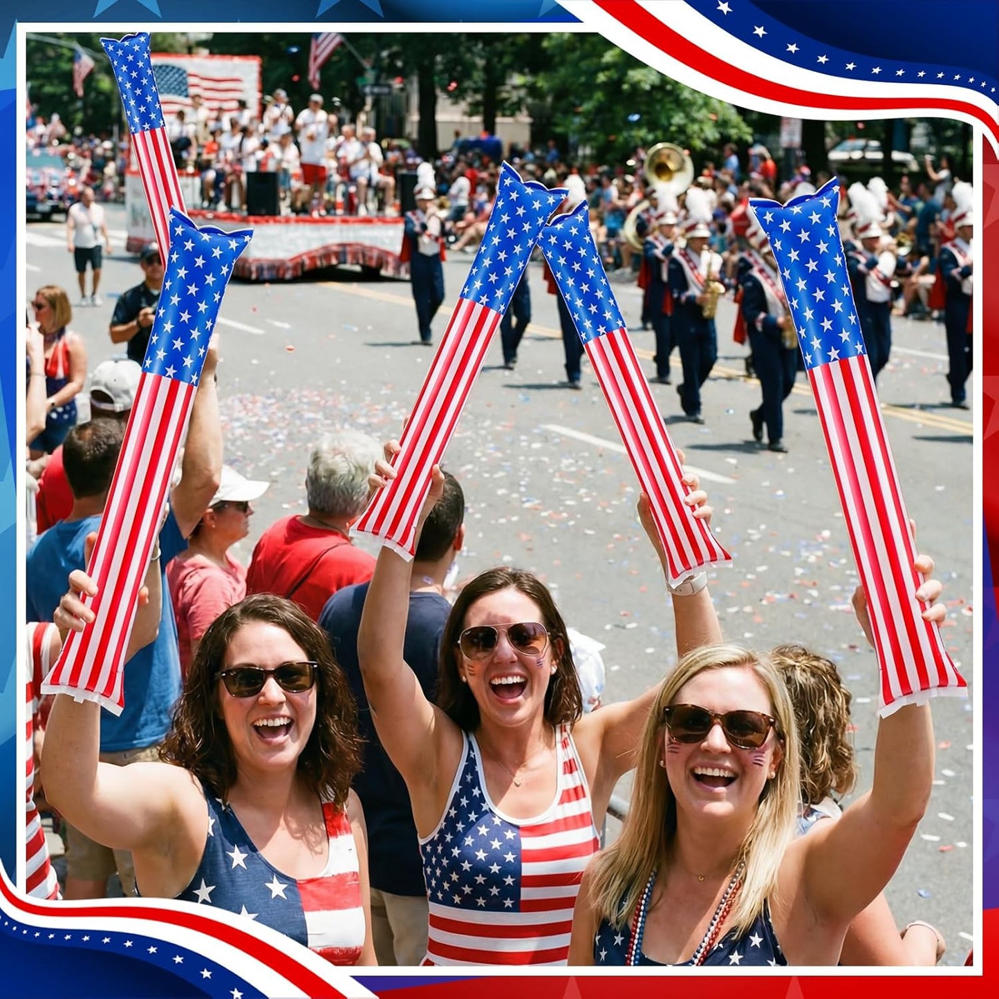 Foilswirl 100 Pcs Inflatable Cheer Sticks USA Flag Thunder Boom Sticks Patriotic Cheerleading Spirit Noise Makers for Soccer Games Sports Events 4th of July Parades Carnival Party Supplies