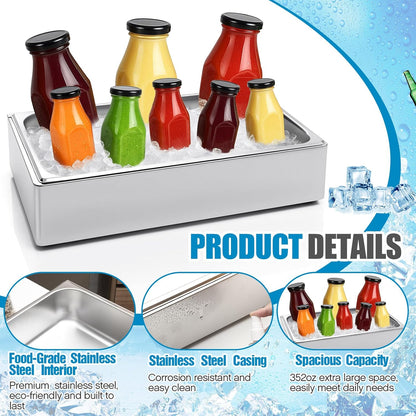Ice Housing Bin with Removable Tray Ice Holder Container Wine Beer Champagne Drink Bucket Beverage Tub for Freezer Display Buffet Bar Counter Party Drink Chiller(Bamboo and Steel,21" X 13" X 5.5")