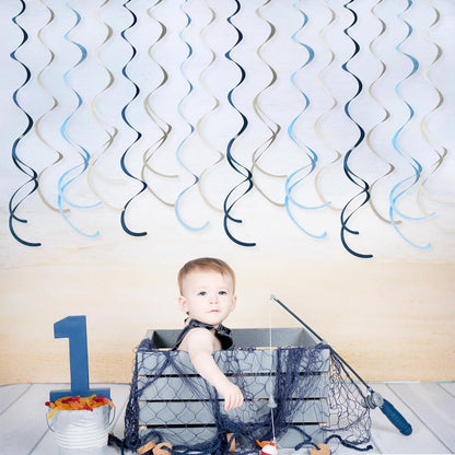 36 Pcs Blue Hanging Swirl Decorations Ombre Royal Blue White Felt Swirl Streamer Spiral Ceiling Garland for Birthday Wedding Baby Shower Graduation Under The Sea Nautical Ahoy Achor Party Supplies
