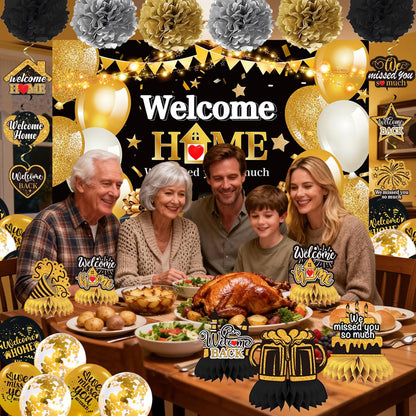 Welcome Home Party Decorations Set- Black Gold Welcome Back Decorations We Missed You So Much Banner Party, Glitter Welcome Home Party Sign Banner Balloons Decor Set, Family Reunion Party Supplies