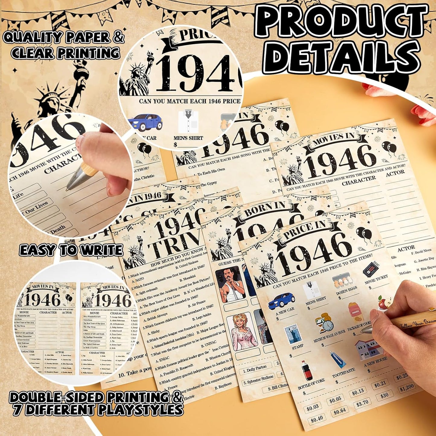70Pcs 70th Birthday Party Games Born In 1956 Fun 1956 Trivia Music Slang Books Game Double-Sided Game Cards Vintage 70th Birthday Party Supplies for 70 Year Old Activity Anniversary Class Reunion