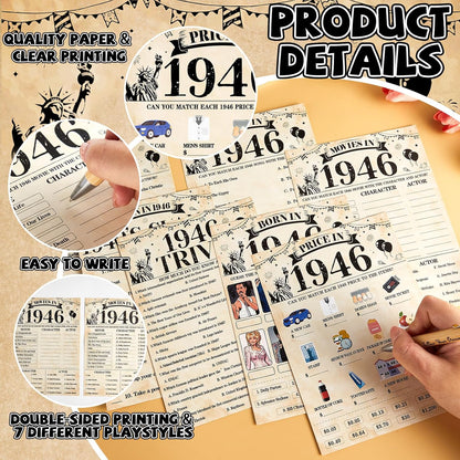 70Pcs 70th Birthday Party Games Born In 1956 Fun 1956 Trivia Music Slang Books Game Double-Sided Game Cards Vintage 70th Birthday Party Supplies for 70 Year Old Activity Anniversary Class Reunion