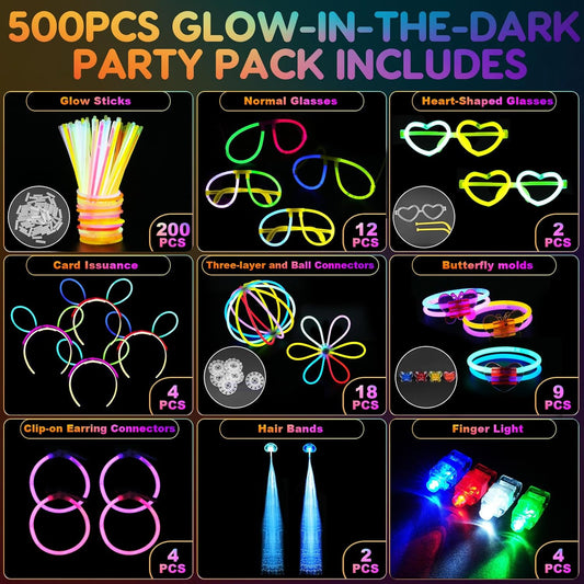 SHQDD 500 Glow Sticks Set, Glow in the Dark Party Supplies for Kids Adults - 200 Glow Sticks + 300 Accessories to DIY Bracelets/Necklaces/Glasses, Neon Party Favors for Birthday, Festivals, Concert