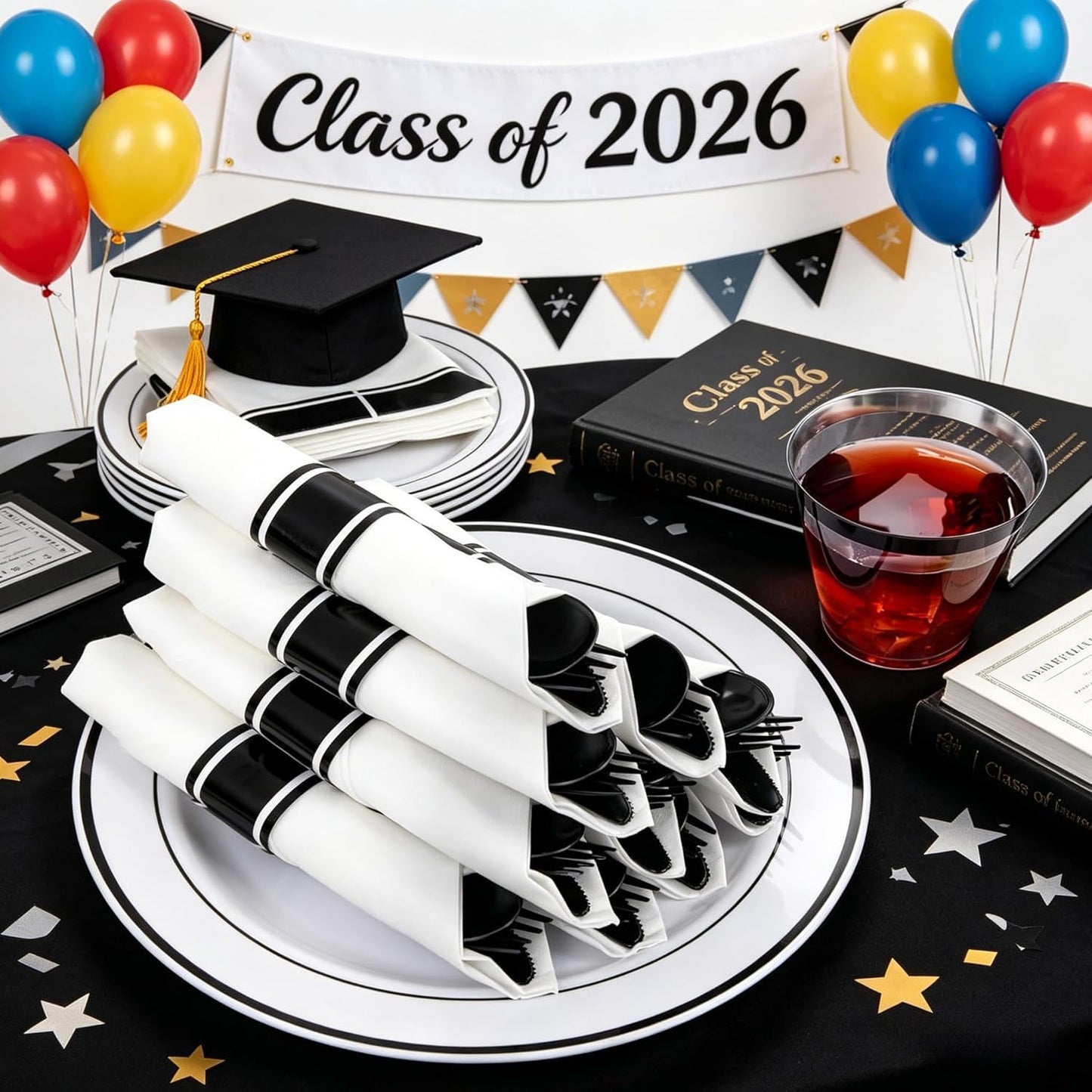 WELLIFE 350-Piece Gold Disposable Plates and Cutlery Set - Premium 10.25" Dinner Plates, 7.5" Dessert Plates, 9oz Cups & Cutlery for Weddings, Catering Events - 50 Guest Service - Elegant & Sturdy