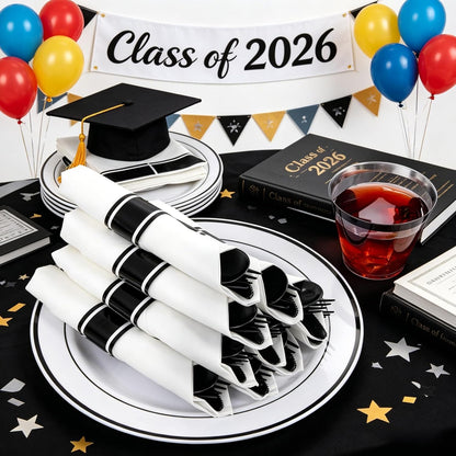 WELLIFE 350-Piece Gold Disposable Plates and Cutlery Set - Premium 10.25" Dinner Plates, 7.5" Dessert Plates, 9oz Cups & Cutlery for Weddings, Catering Events - 50 Guest Service - Elegant & Sturdy