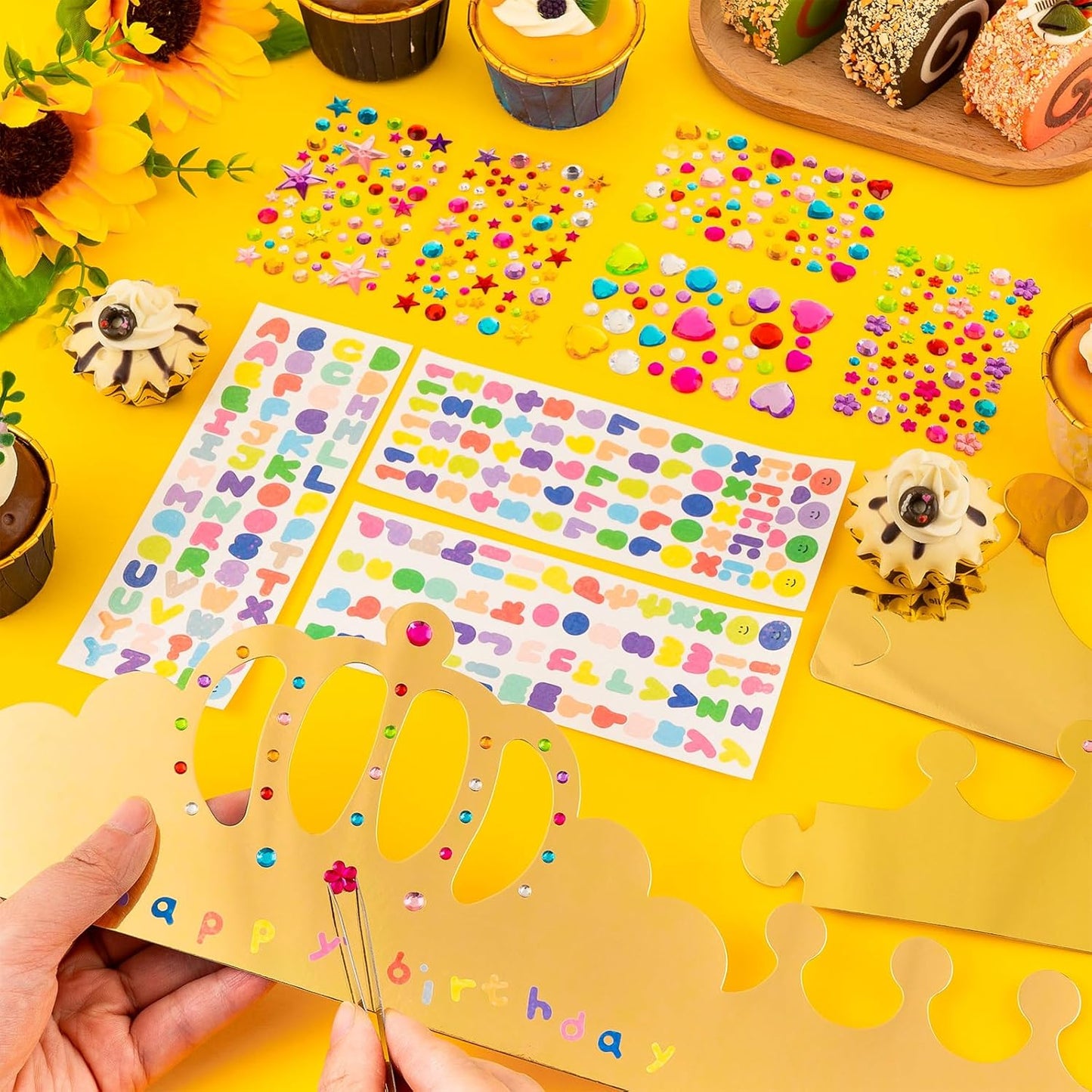 12 pcs Paper Crowns, Birthday Crowns Craft to Decorate with 8 Sheets Gem Jewels Number Letter Stickers, Gold Paper Prince Princess Hats for Party Favor Supplies