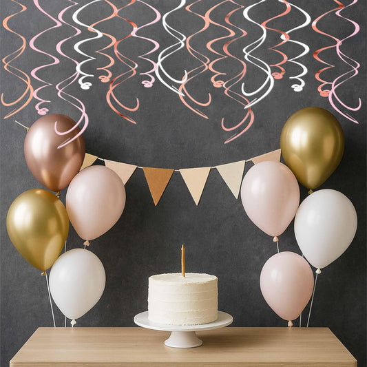 HonuGoGo Pink Hanging Swirl Decorations for Party – 42PCS Rose Gold Foil Ceiling Streamers with Hooks for Birthday, Bridal Shower, Bachelorette, Holiday Celebrations