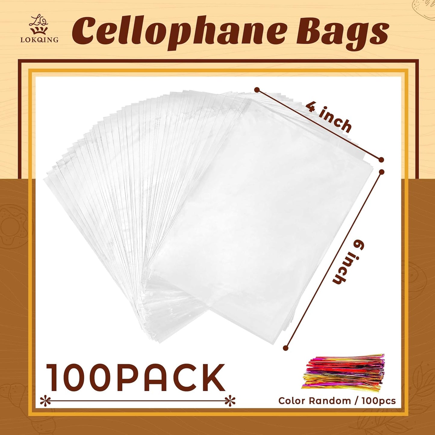 LOKQING Clear Cellophane Treat Bags 6 x 10 in, 100 Pack Mothers Day Gift Bags with Twist Ties, Bags for Cookies, Candy, Party Favors, Bakery Packaging and Small Gifts