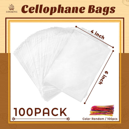 LOKQING Clear Cellophane Treat Bags 6 x 10 in, 100 Pack Mothers Day Gift Bags with Twist Ties, Bags for Cookies, Candy, Party Favors, Bakery Packaging and Small Gifts