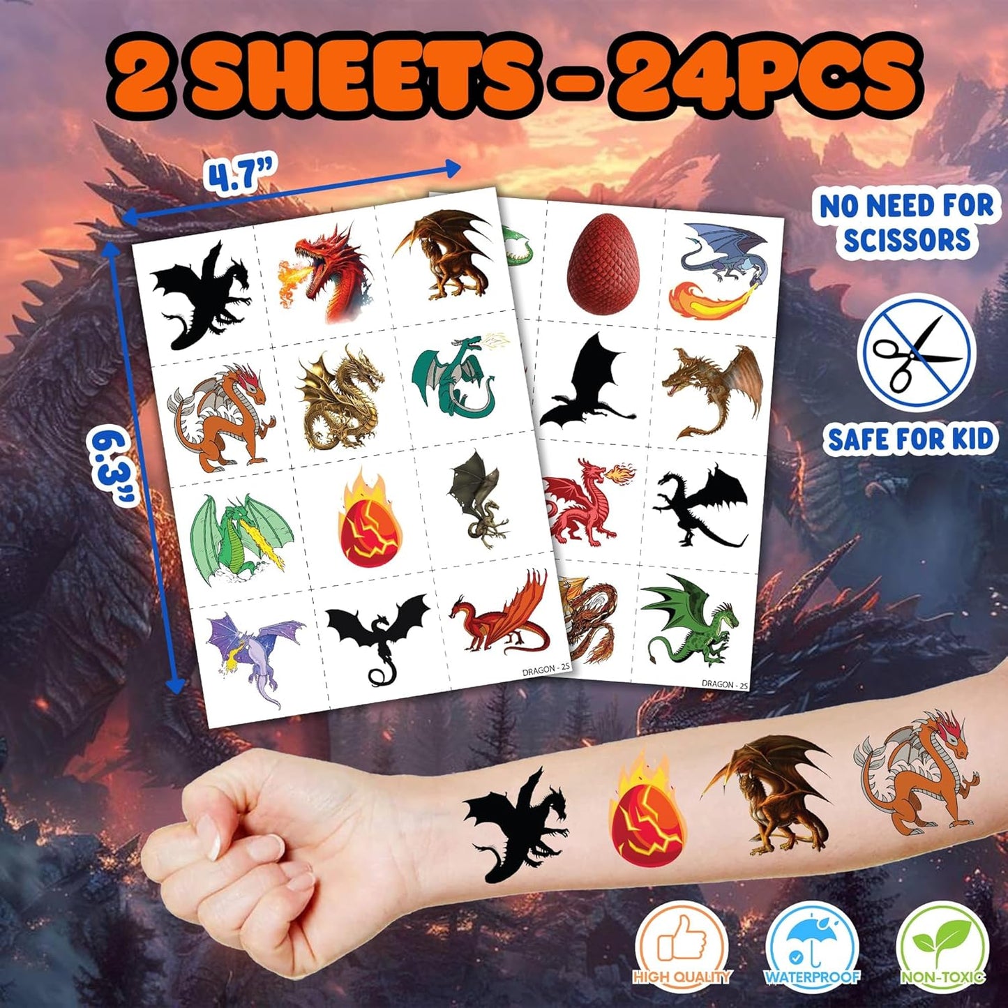 36PCS Dragon Party Favors - 24PCS Pre-Cut Temporary Tattoos & 12PCS Stamps - Ideal Magic Dragon Themed Birthday Card Decorations Supplies Goodie Bag Baby Shower Kids Gifts Classroom Rewards Prizes