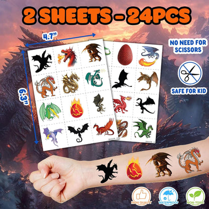 36PCS Dragon Party Favors - 24PCS Pre-Cut Temporary Tattoos & 12PCS Stamps - Ideal Magic Dragon Themed Birthday Card Decorations Supplies Goodie Bag Baby Shower Kids Gifts Classroom Rewards Prizes