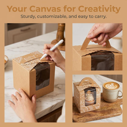 Jucoan 100 Pack Cupcake Box, Kraft Paper Individual Cupcake Container with Window and Handles, Bulk Single Cupcake Packaging Box for Muffin, Cocoa Bomb, Party Favor Pastry Treat Boxes