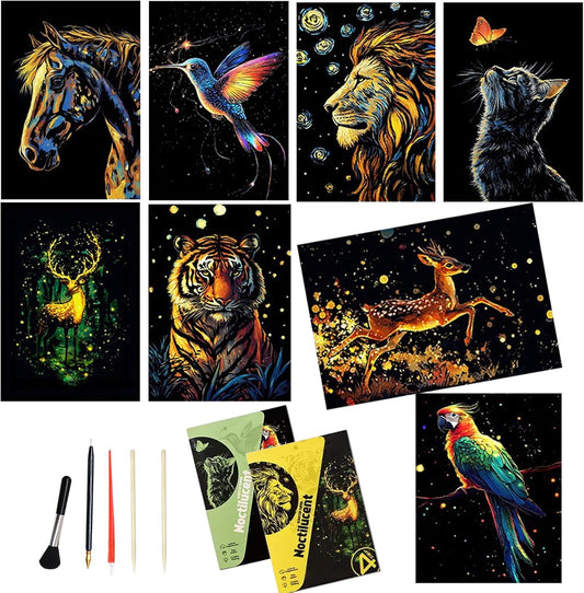 8 Sheets Scratch Art Noctilucent Rainbow Scratch Paper Scratch Painting Art Adults Paint by Scratch Kit for Arts and Crafts Gift（ Animal Elf ）