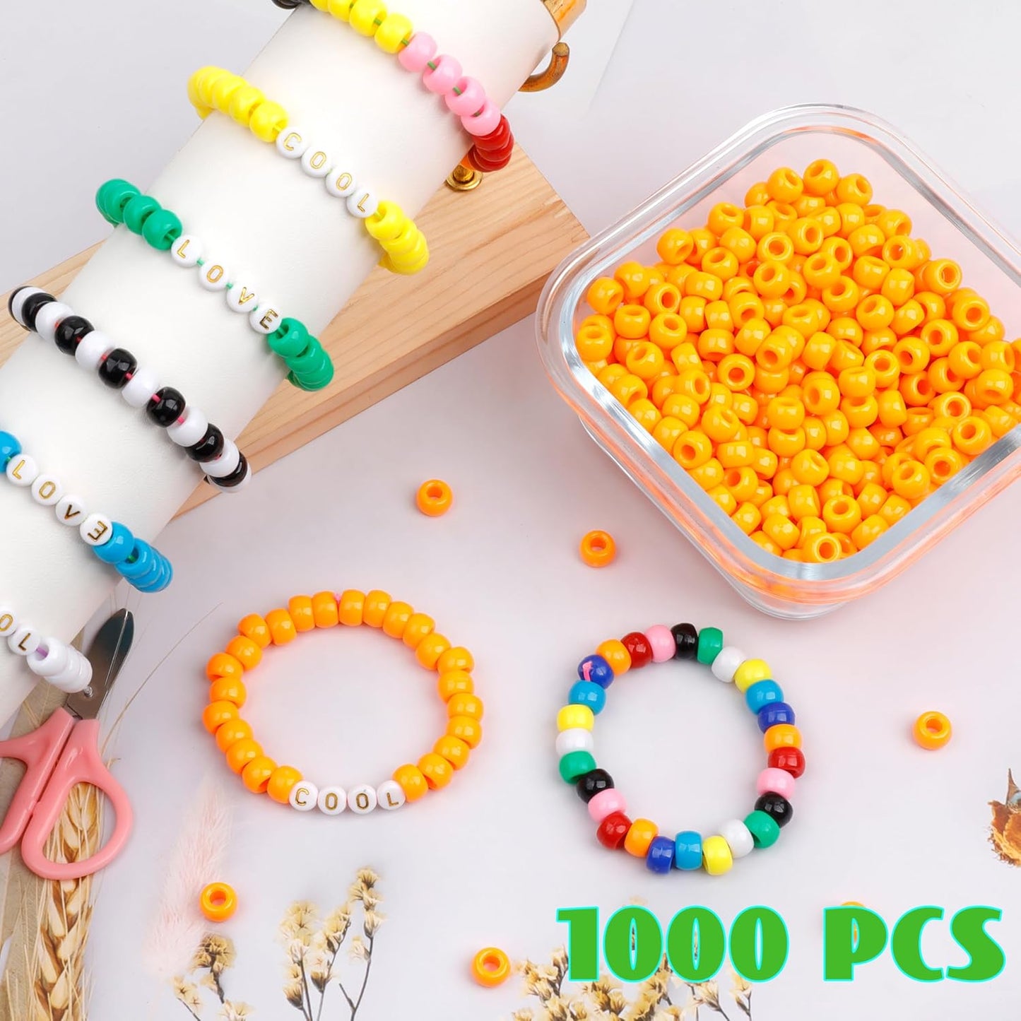 1000Pcs Glow in The Dark Pony Beads 9mm Plastic Kandi Beads Bulk for Friendship Bracelet Necklace Craft Jewelry Making Beads for Hair Braids 9 Color