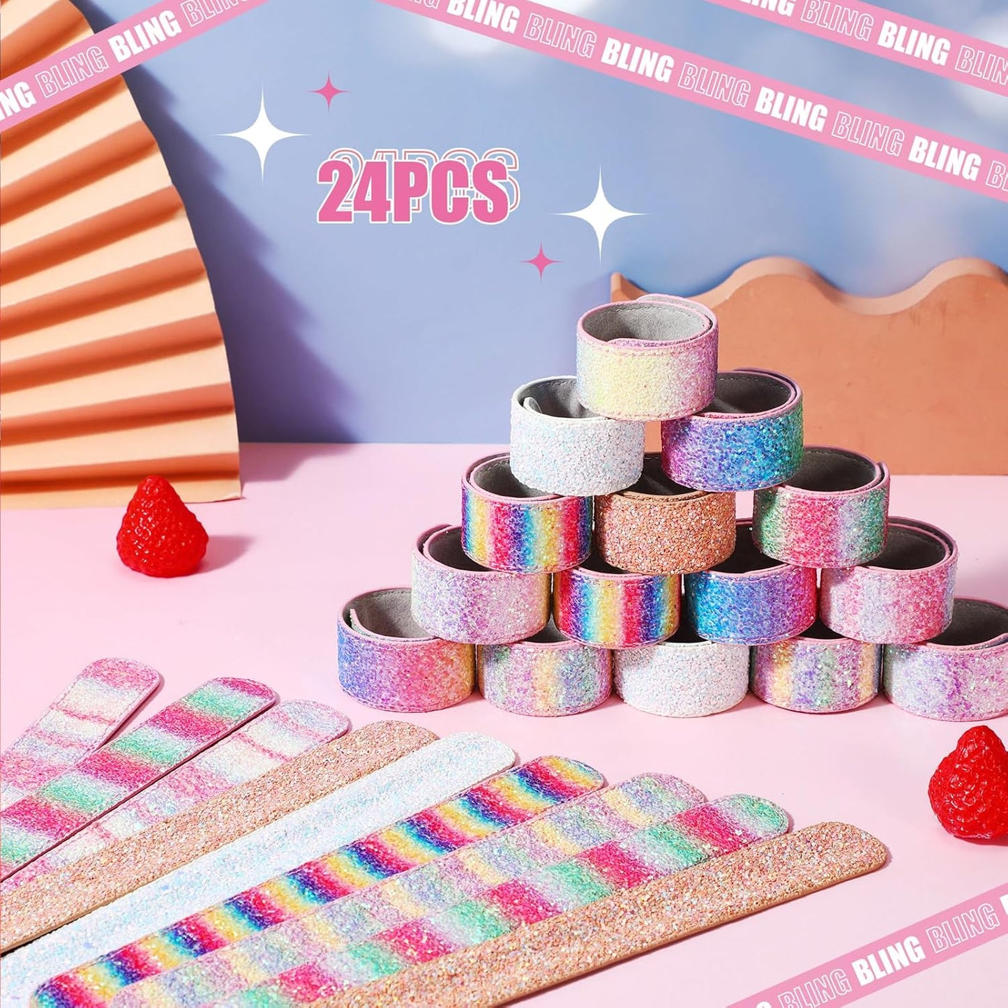 Sotiff 24 Pcs Glitter Slap Bracelets for Girls Sparkly Snap Shine Sequin Bracelet Bulk Wristband Accessories for Teen Youth Birthday Party Favors Supplies